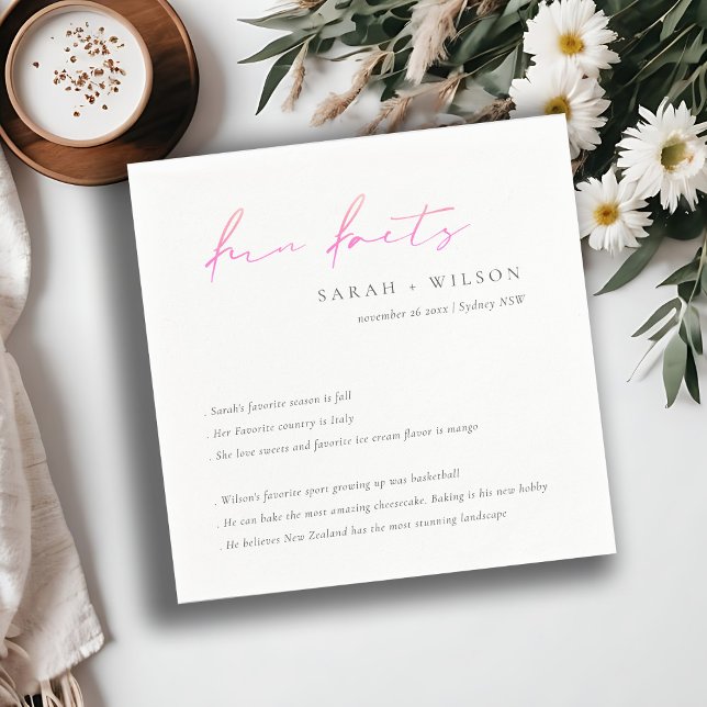 Peach Pink Script Black White Wedding Fun Facts Napkin (Creator Uploaded)