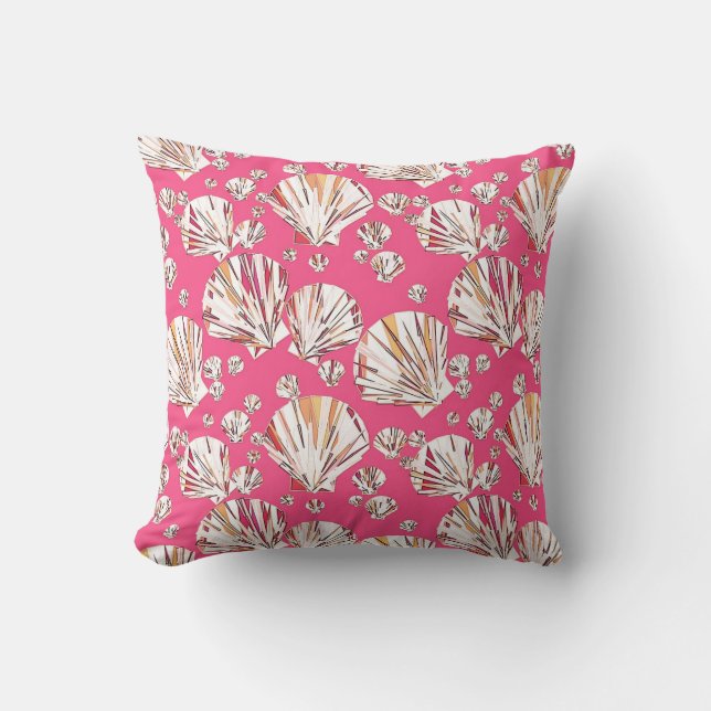 Peach, pink sea shells, coral pink background cushion (Front)