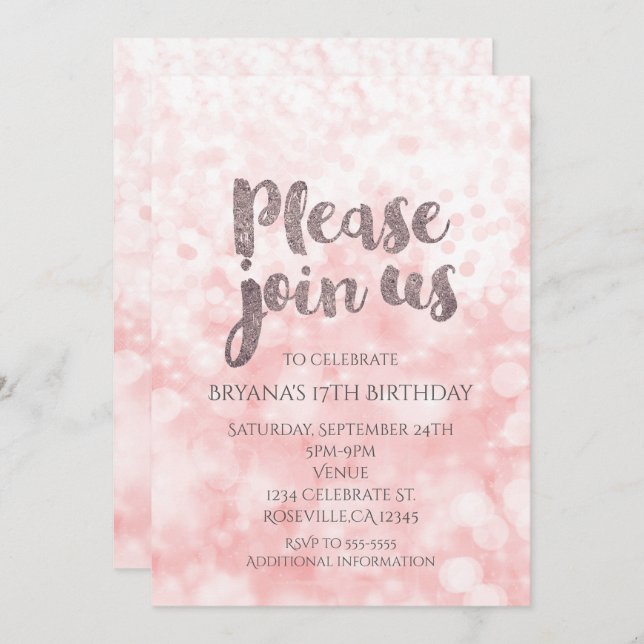 Peach Pink Sparkle Glam Birthday Party Invitations (Front/Back)