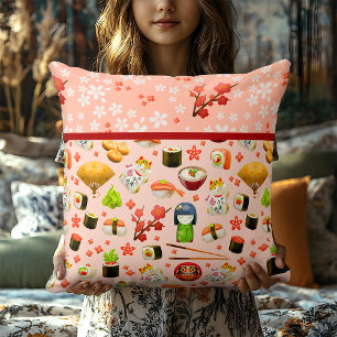 Peach Pink Sushi with Geisha Girls and Chopsticks Cushion