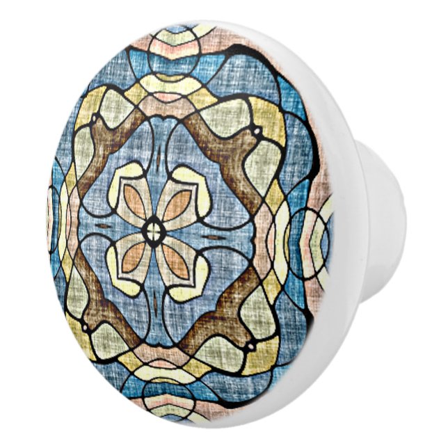 Peach Pink Teal Blue Ochre Brown Ethnic Tribe Art Ceramic Knob (Right)