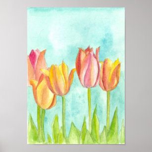 Peach Pink Tulip Pastel Watercolor Flowers Poster