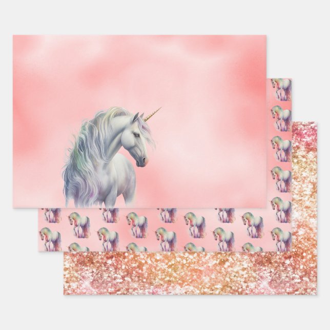Peach Pink Unicorn Dream Wrapping Paper Sheet (Set)