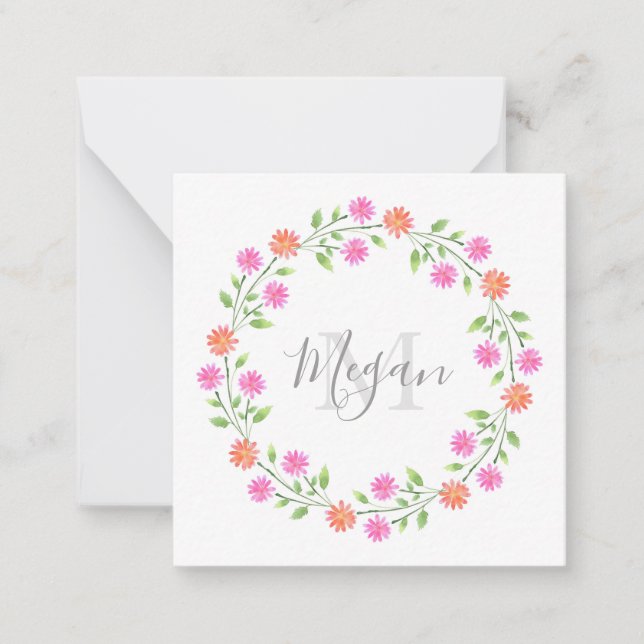 Peach & Pink Watercolor Daisies Wreath Card (Front)