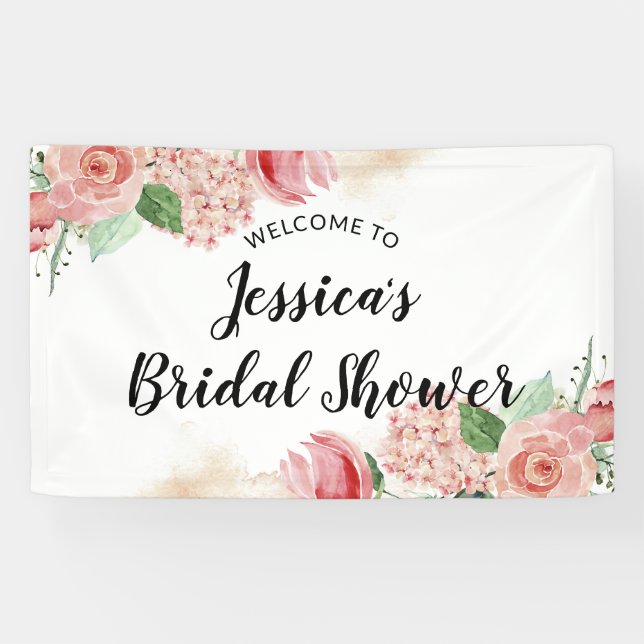 Peach Pink Watercolor Floral Bridal Shower Welcome Banner (Horizontal)