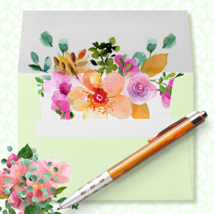  Peach Pink Watercolor Floral Garden Bouquet Green Envelope