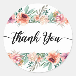 Peach Pink Watercolor Flowers Modern Thank You Classic Round Sticker