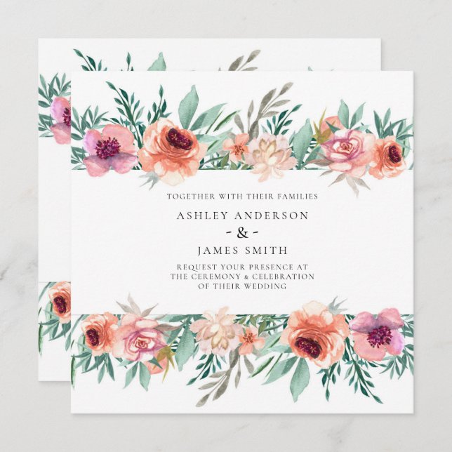Peach & Pink Watercolor Flowers Modern Wedding Invitation (Front/Back)
