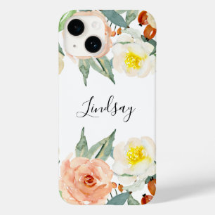 Peach Pink Watercolor Flowers With Name Case-Mate iPhone 14 Case