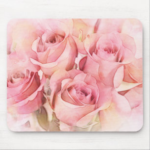 Peach Pink Watercolor Roses Mouse Mat