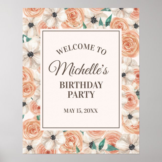 Peach Pink White Floral Birthday Party Welcome Poster (Front)