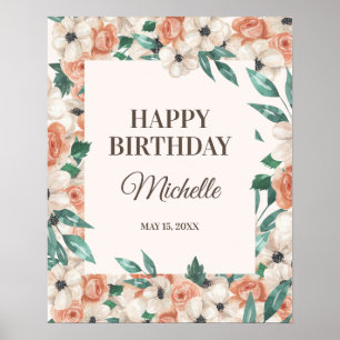 Peach Pink White Floral Happy Birthday Party Poster