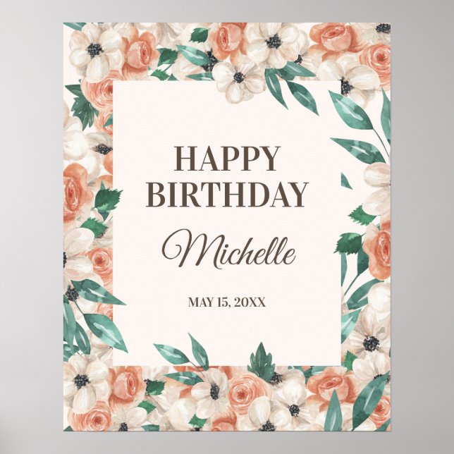 Peach Pink White Floral Happy Birthday Party Poster (Front)