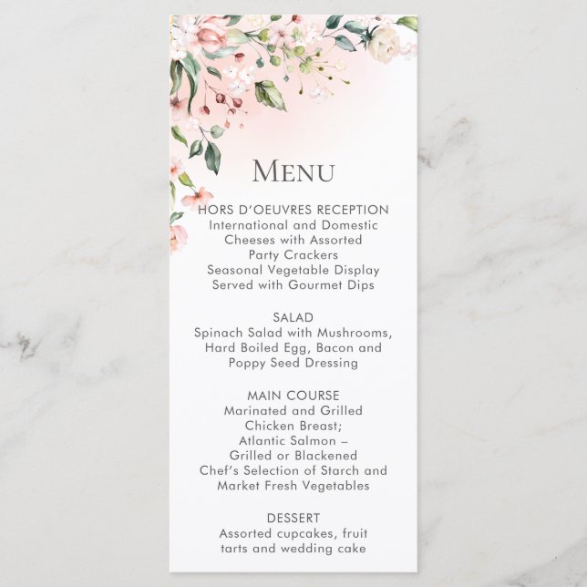 Peach Pink White Floral Menu Rack Cards (Front)
