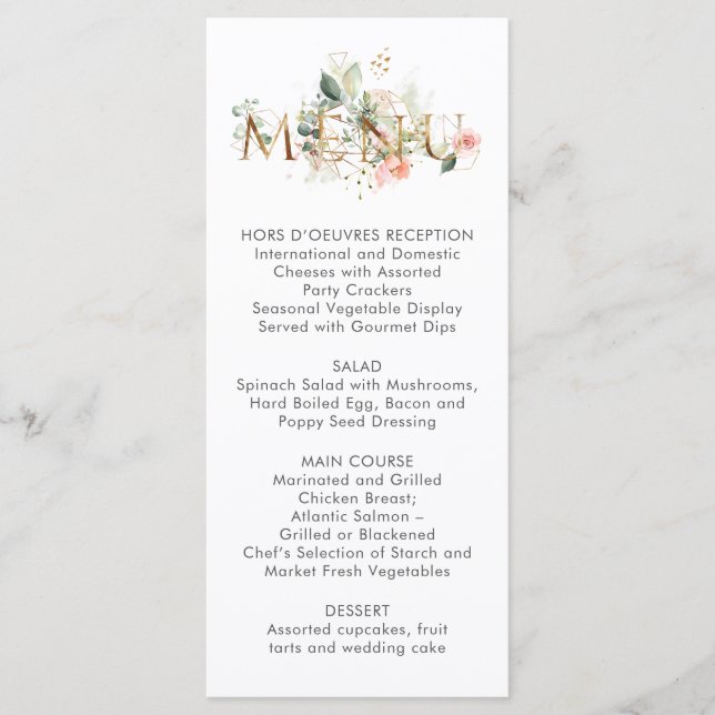 Peach Pink White Floral Stylised Wedding Menu (Front)