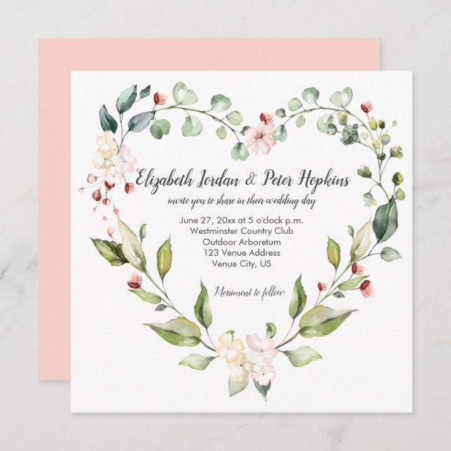 Peach Pink White Green Floral Heart Wreath Wedding Invitation (Front/Back)