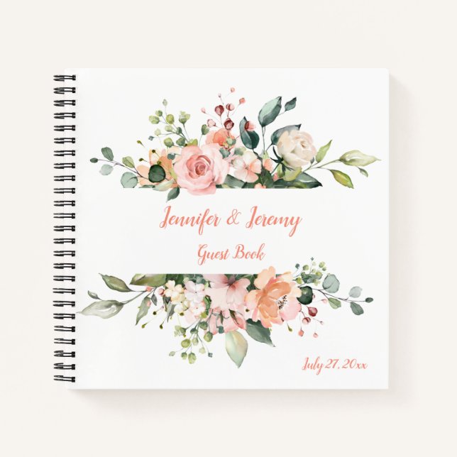 Peach Pink White Green Floral Wedding Guest Book (Front)