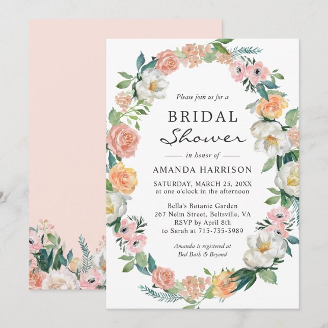 Peach Pink White Green Floral Wreath Bridal Shower Invitation (Front/Back)