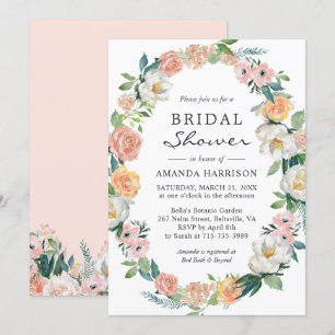 Peach Pink White Green Floral Wreath Bridal Shower Invitation