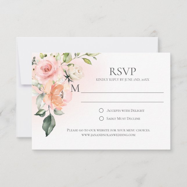 Peach Pink White Roses Greenery RSVP Cards (Front)