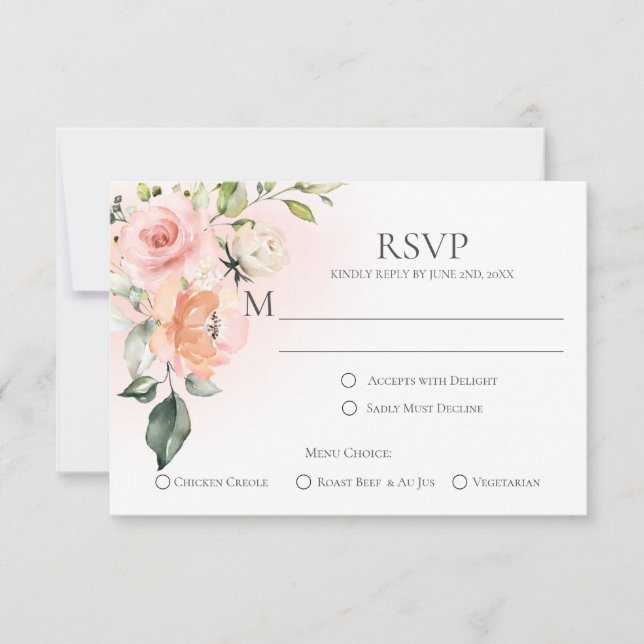 Peach Pink White Roses Menu Choice RSVP Cards (Front)
