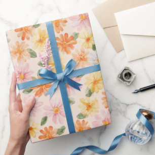 Peach Pink Yellow Blue Flowers Birthday Wrapping Paper