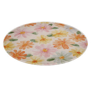 Peach Pink Yellow Blue Flowers Cutting Board