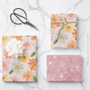 Peach Pink Yellow Blue Flowers Glitter Birthday Wrapping Paper Sheet