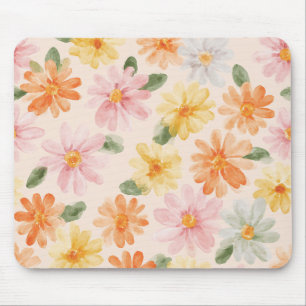 Peach Pink Yellow Blue Flowers Mouse Mat