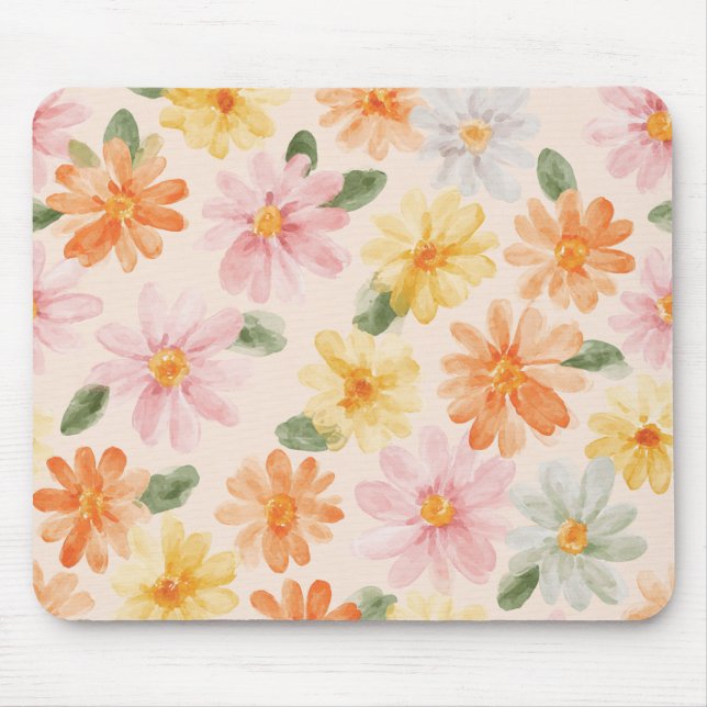 Peach Pink Yellow Blue Flowers Mouse Mat (Front)