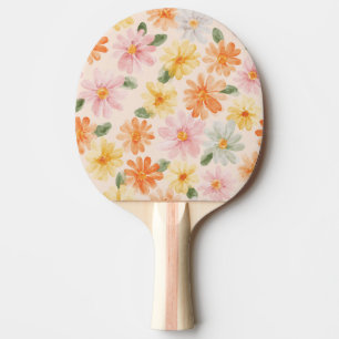 Peach Pink Yellow Blue Flowers Ping Pong Paddle