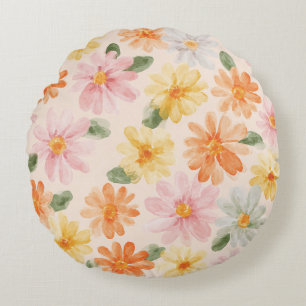 Peach Pink Yellow Blue Flowers Round Cushion