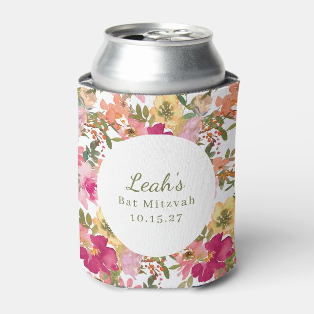 Peach Pink Yellow Floral Bat Mitzvah Custom Name Can Cooler (Can Front)