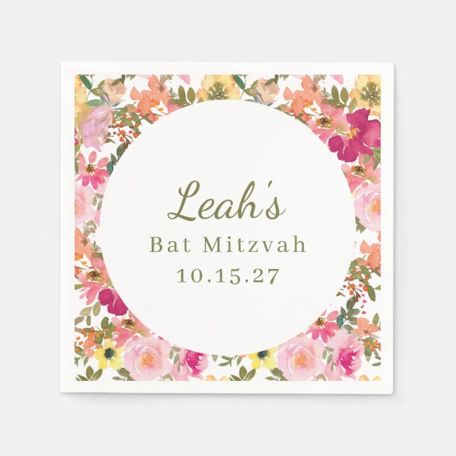 Peach Pink Yellow Floral Bat Mitzvah Custom Name Napkin (Front)