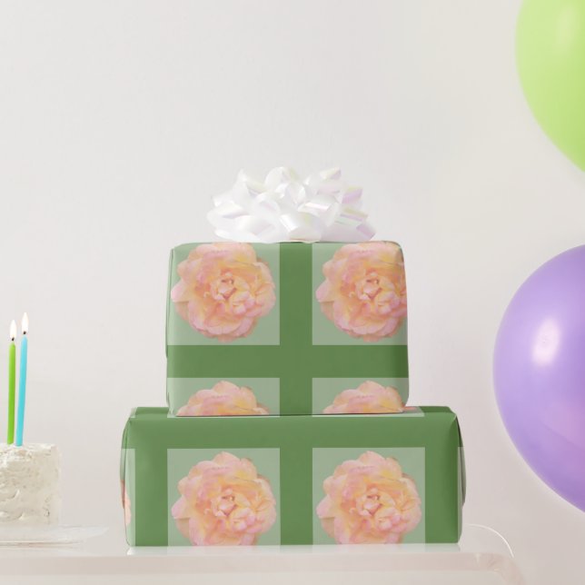 Peach Pink Yellow Rose Design on Green Background Wrapping Paper (Party Gifts)