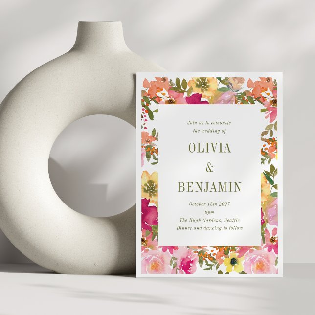 Peach Pink Yellow Watercolor Floral Wedding Invitation (Creator Uploaded)