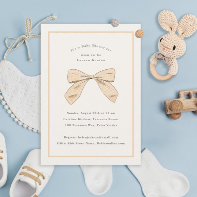 Peach Plaid Bow Elegant Baby Shower Invitation (Creator Uploaded)