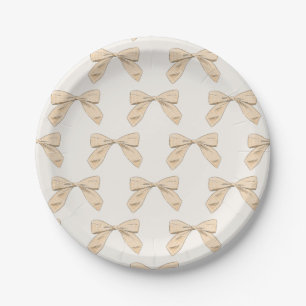 Peach Plaid Bow Elegant Gender Neutral Baby Shower Paper Plate