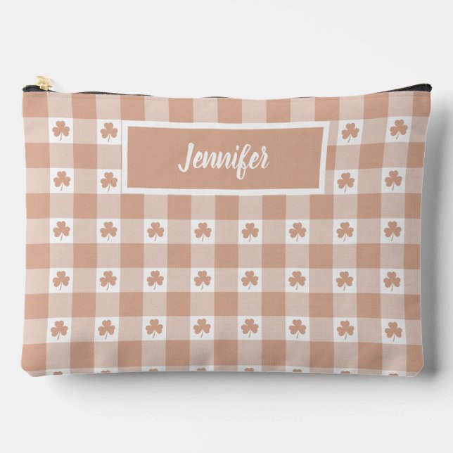 Peach Plaid Shamrock Clover Retro Color Accessory Pouch (Front)