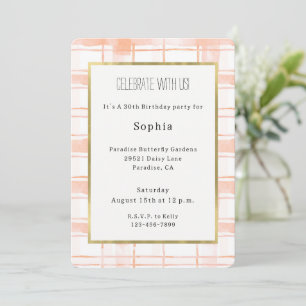 Peach Plaid Stripes Birthday Invitation