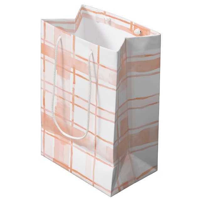 Peach Plaid Stripes Birthday Medium Gift Bag (Front Angled)