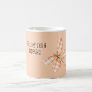 Peach Plaid Stripes Dragonfly Coffee Mug
