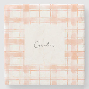 Peach Plaid Stripes Stone Coaster