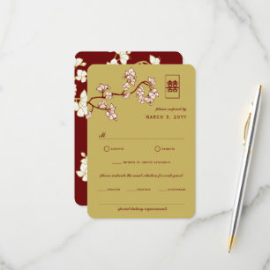 Peach/Plum Blossoms Red Double Happiness Wedding RSVP Card