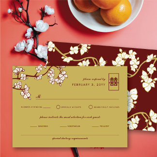 Peach/Plum Blossoms Red Double Happiness Wedding RSVP Card