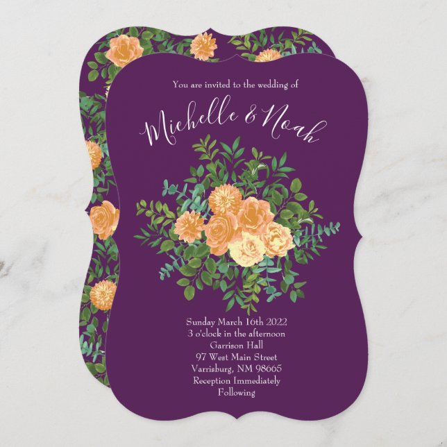Peach & Plum Purple Peony & Rose Floral Wedding Invitation (Front/Back)