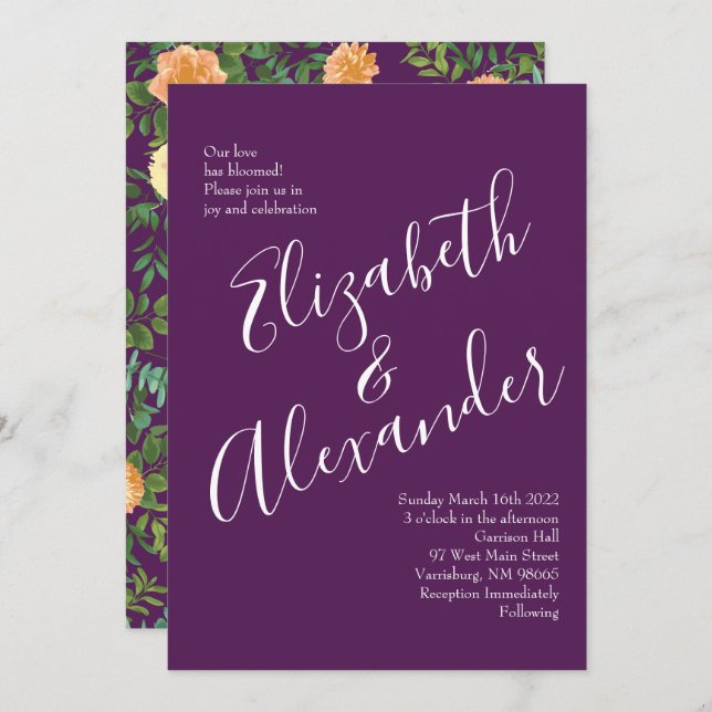 Peach & Plum Purple Peony & Rose Floral Wedding Invitation (Front/Back)
