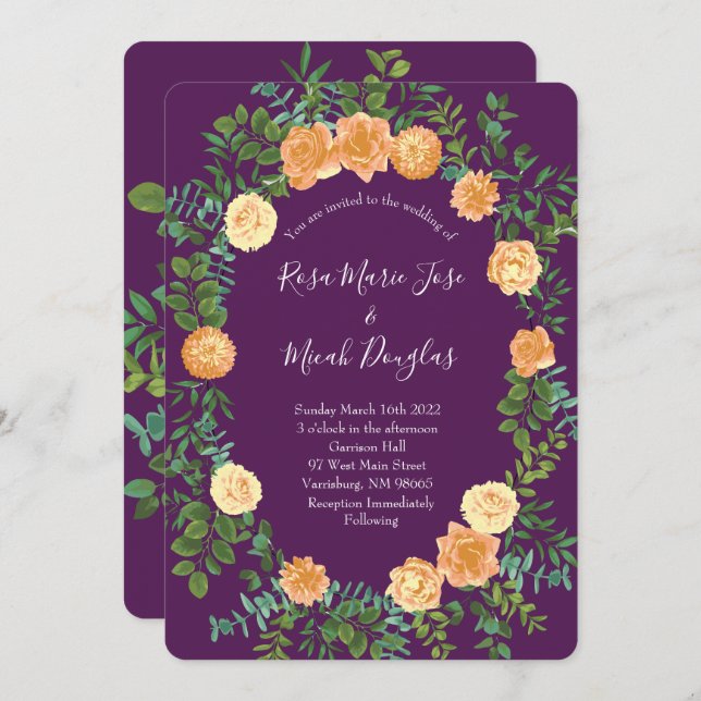 Peach & Plum Purple Peony & Rose Floral Wedding Invitation (Front/Back)