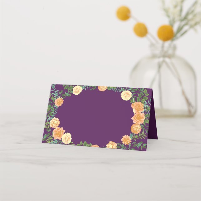 Peach Plum Purple Peony & Rose Floral Wedding Place Card (Front)