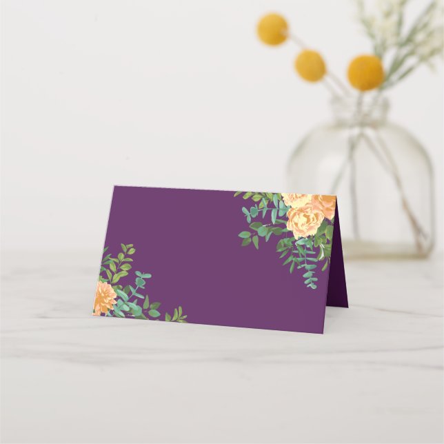 Peach Plum Purple Peony & Rose Floral Wedding Place Card (Front)